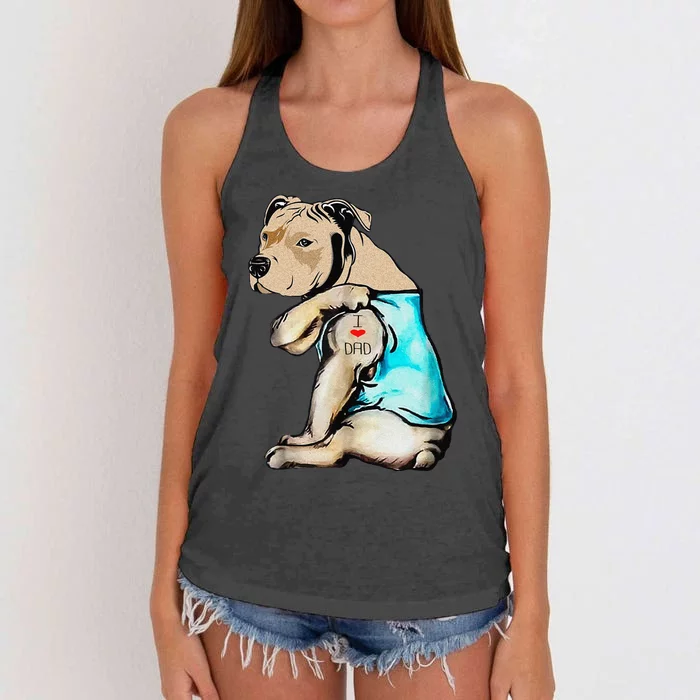 Pitbull Dog I Love Dad Tattoo Funny Family Women's Knotted Racerback Tank