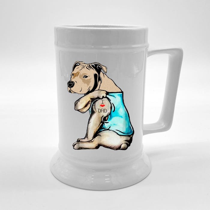 Pitbull Dog I Love Dad Tattoo Funny Family Meaningful Gift Front & Back Beer Stein