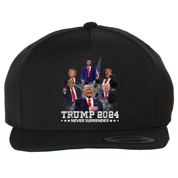 President Donald J Trump 2024 Never Surrender Wool Snapback Cap