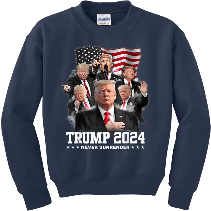 President Donald J Trump 2024 Never Surrender Kids Sweatshirt