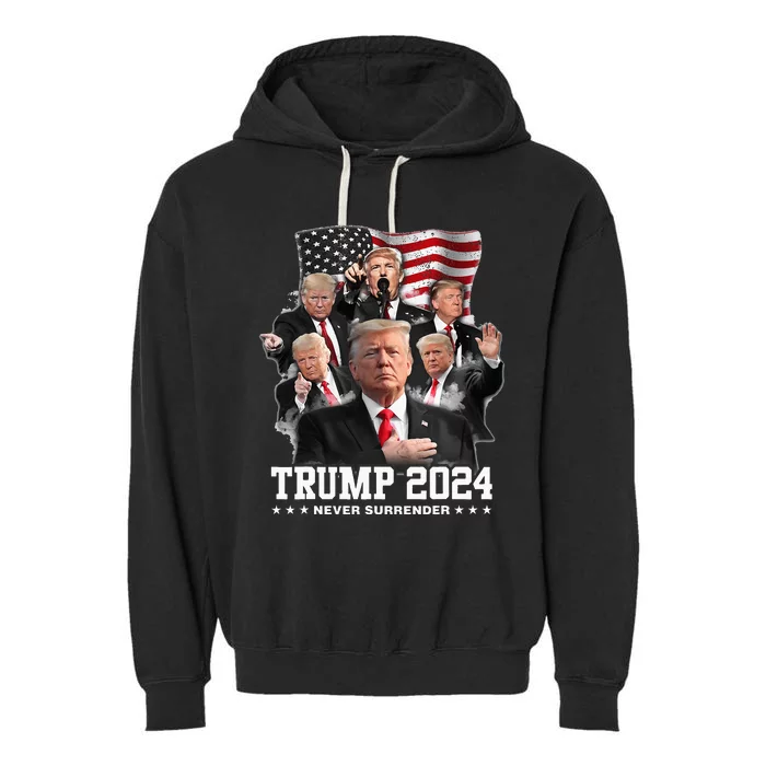 President Donald J Trump 2024 Never Surrender Garment-Dyed Fleece Hoodie