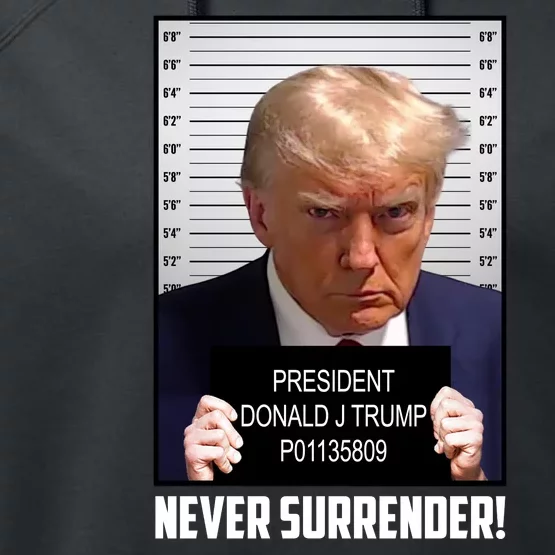 President Donald J Trump Mugshot Never Surrender Performance Fleece Hoodie