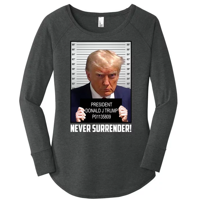 President Donald J Trump Mugshot Never Surrender Women's Perfect Tri Tunic Long Sleeve Shirt