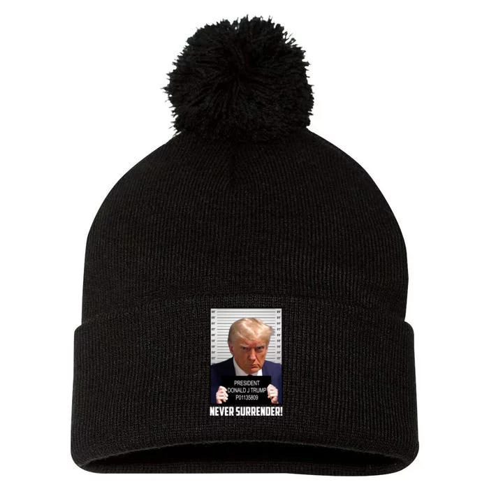 President Donald J Trump Mugshot Never Surrender Pom Pom 12in Knit Beanie