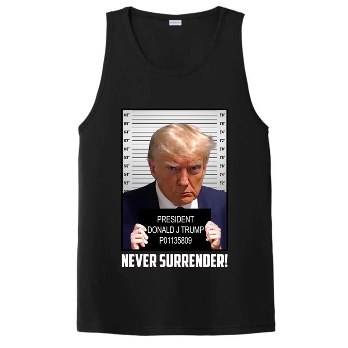 President Donald J Trump Mugshot Never Surrender Performance Tank