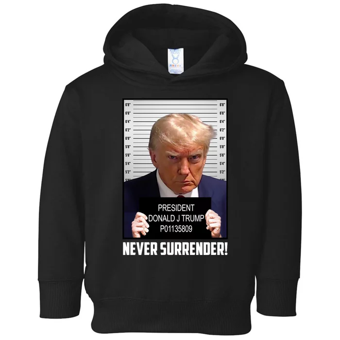 President Donald J Trump Mugshot Never Surrender Toddler Hoodie