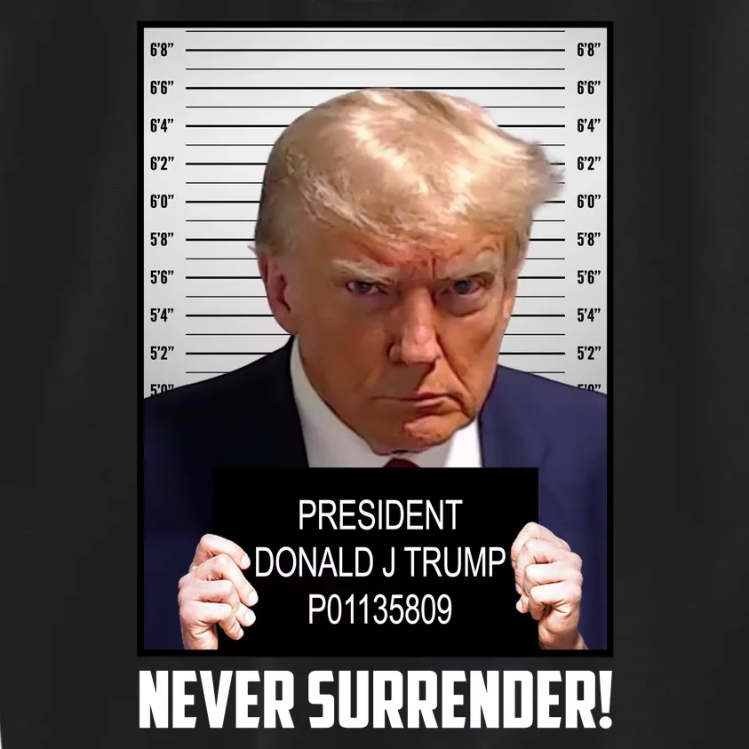 President Donald J Trump Mugshot Never Surrender Kids Sweatshirt