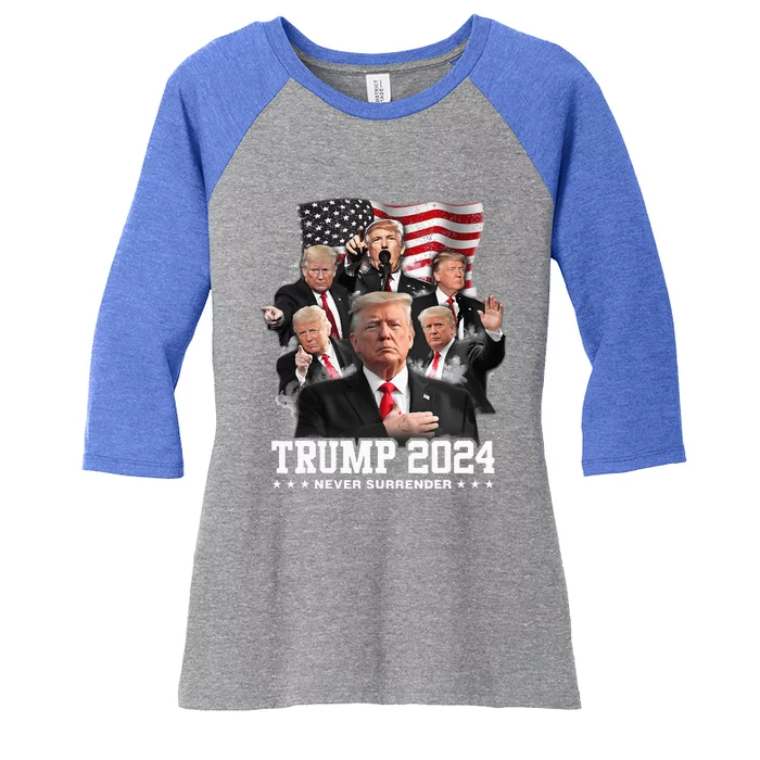 President Donald J Trump 2024 Never Surrender Women's Tri-Blend 3/4-Sleeve Raglan Shirt