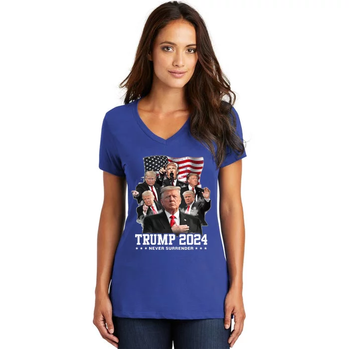 President Donald J Trump 2024 Never Surrender Women's V-Neck T-Shirt