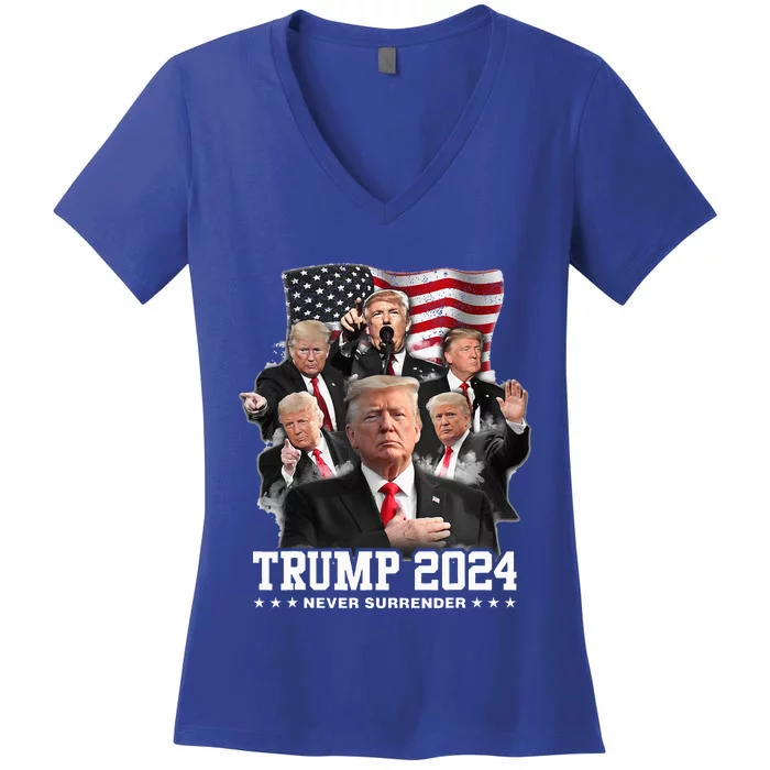 President Donald J Trump 2024 Never Surrender Women's V-Neck T-Shirt