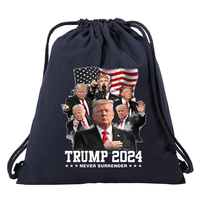 President Donald J Trump 2024 Never Surrender Drawstring Bag