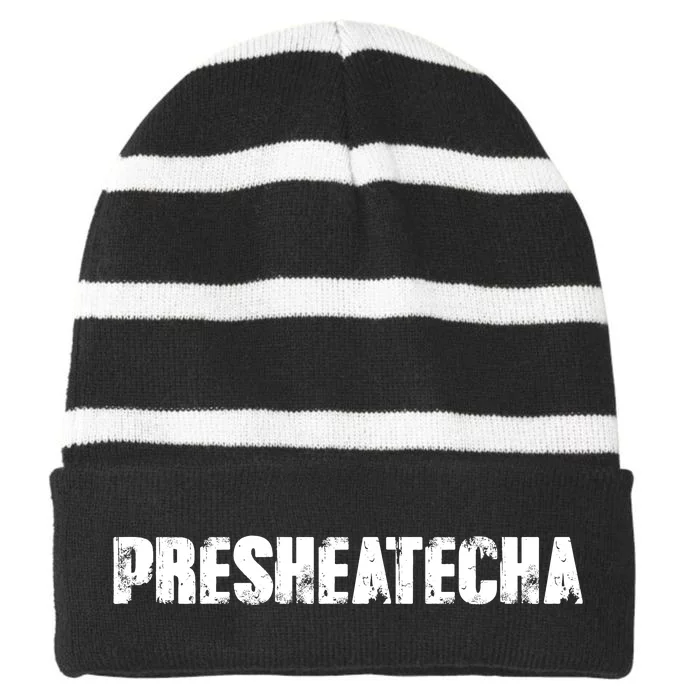 Presheatecha Distressed Logo Funny Word Striped Beanie with Solid Band