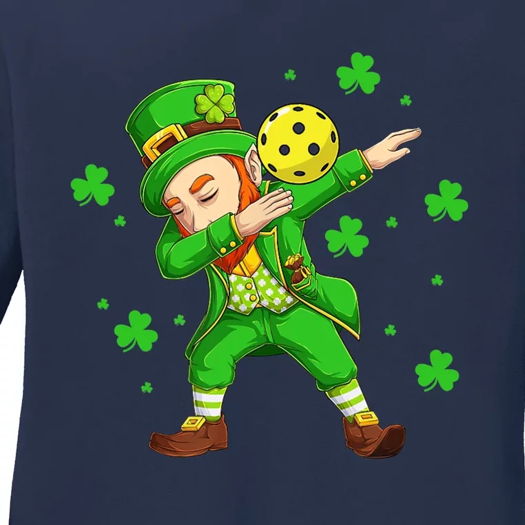 Pickleball Dabbing Leprechaun Funny Irish St Patricks Day Ladies Long Sleeve Shirt