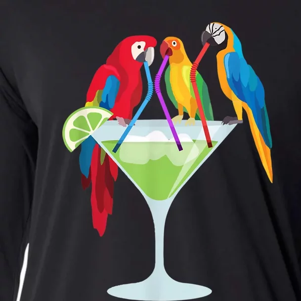 Parrots Drinking Margarita Tropical Vacation Hawaiian Birds Cooling Performance Long Sleeve Crew