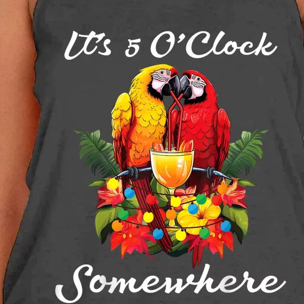 Parrots Drinking Margarita Its 5 Oclock Somewhere Funny Women's Knotted Racerback Tank