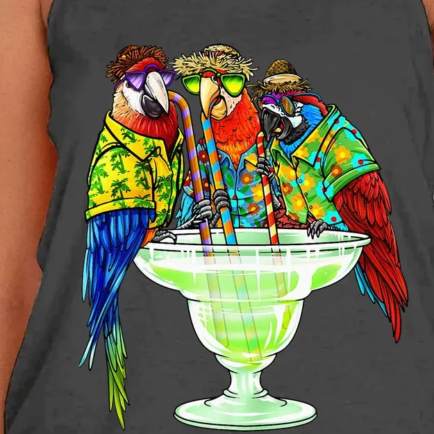 Parrots Drinking Margarita Hawaiian Vacation Birds Women's Knotted Racerback Tank