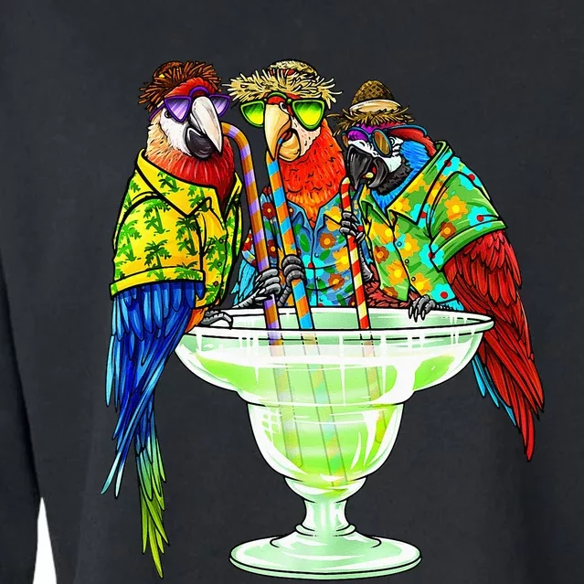 Parrots Drinking Margarita Hawaiian Vacation Birds Cropped Pullover Crew