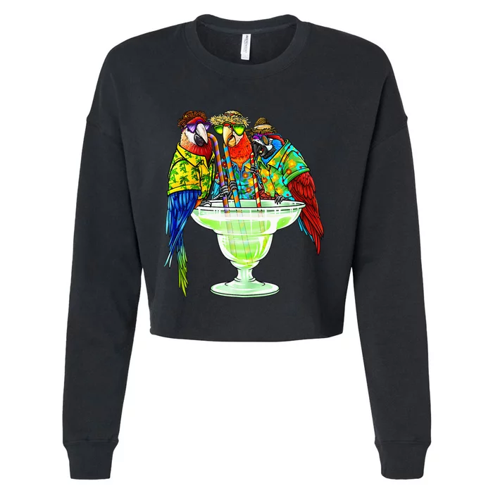 Parrots Drinking Margarita Hawaiian Vacation Birds Cropped Pullover Crew