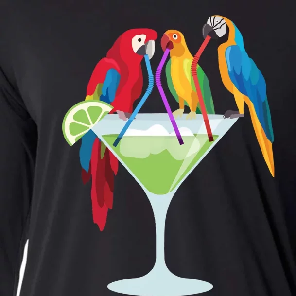 Parrots Drinking Margarita Tropical Vacation Hawaiian Birds Cooling Performance Long Sleeve Crew