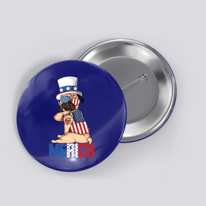 Pug Dog Merica 4th Of July Usa American Flag Cute Gift Button