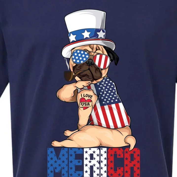 Pug Dog Merica 4th Of July Usa American Flag Cute Gift Sueded Cloud Jersey T-Shirt