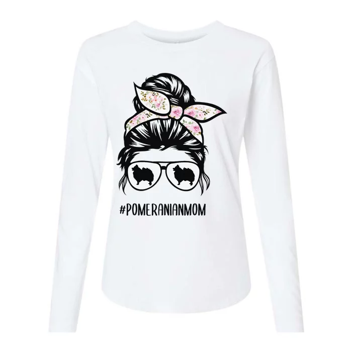 Pomeranian dog mom messy bun hair glasses pom mom dog Womens Cotton Relaxed Long Sleeve T-Shirt