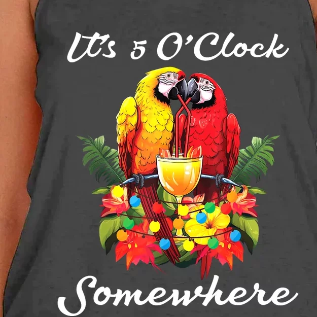 Parrots Drinking Margarita Its 5 Oclock Somewhere Funny Women's Knotted Racerback Tank