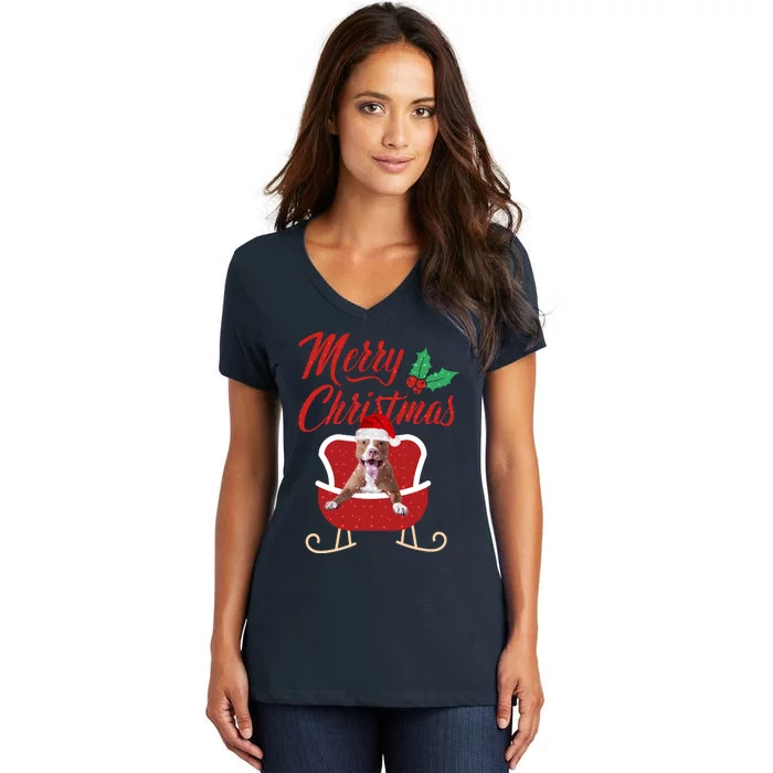 Pitbull Dog Merry Christmas Design For The Holiday Season! Women's V-Neck T-Shirt