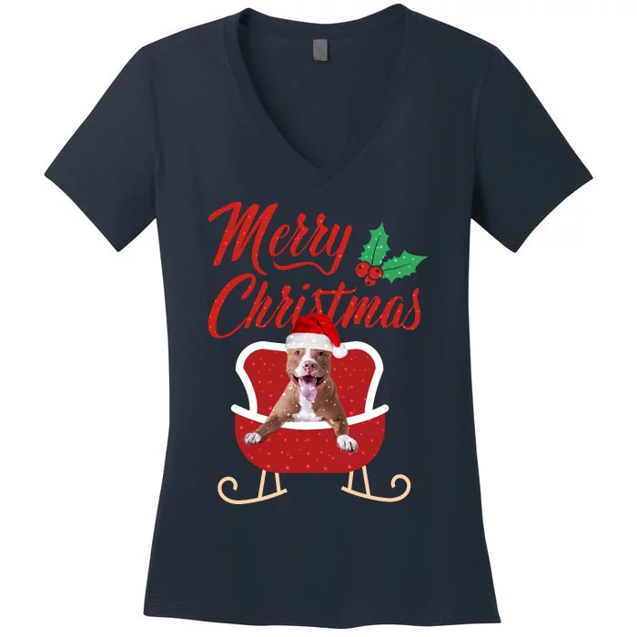 Pitbull Dog Merry Christmas Design For The Holiday Season! Women's V-Neck T-Shirt