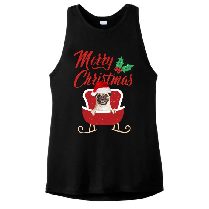 Pug Dog Merry Christmas Design For The Holiday Season! Ladies Tri-Blend Wicking Tank