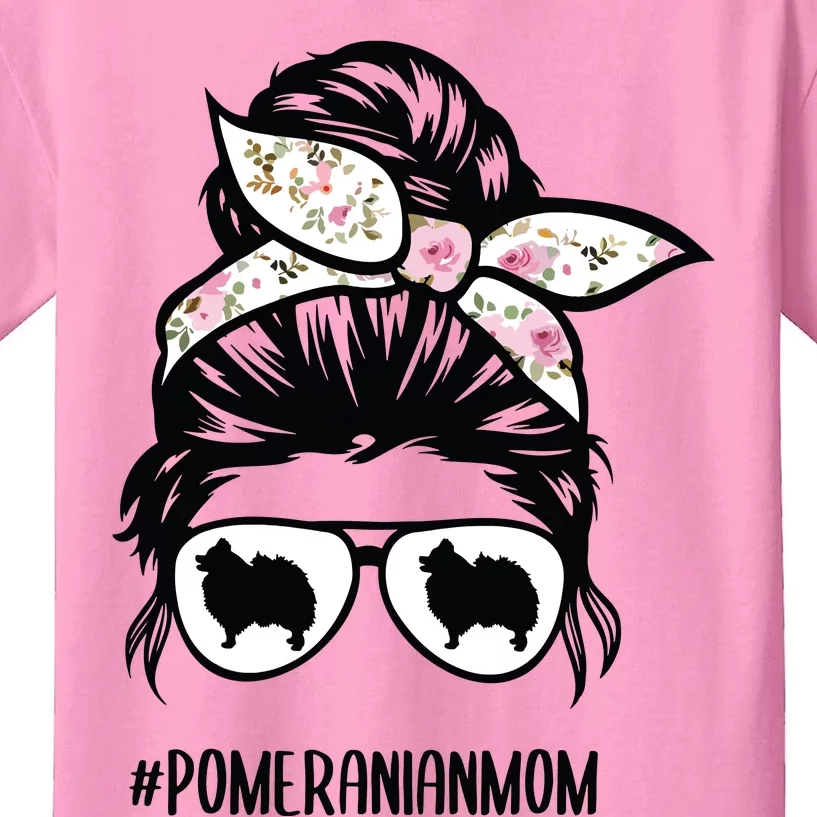 Pomeranian Dog Mom Messy Bun Hair Glasses Pom Mom Dog Kids T-Shirt