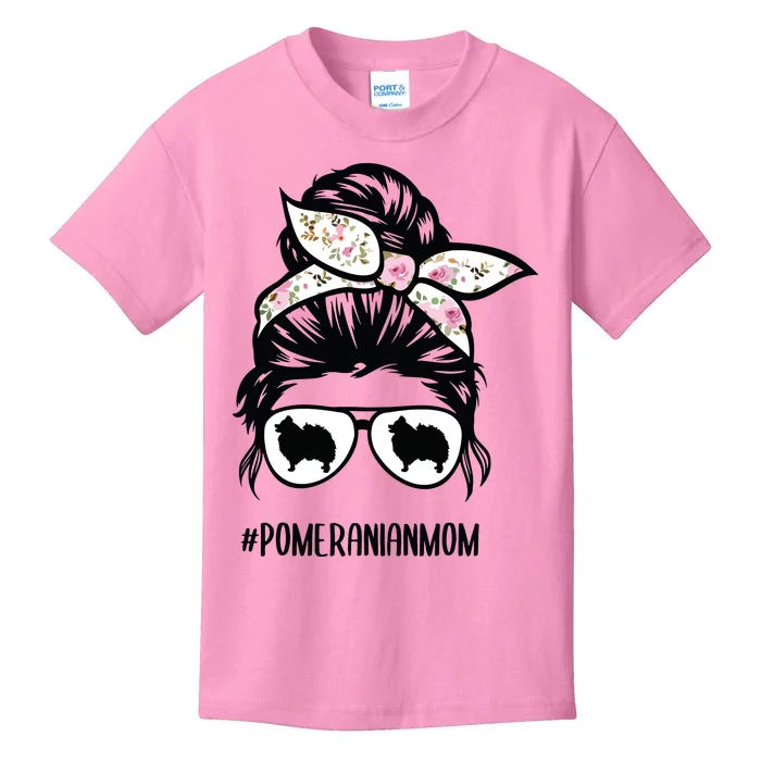 Pomeranian Dog Mom Messy Bun Hair Glasses Pom Mom Dog Kids T-Shirt