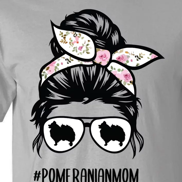 Pomeranian Dog Mom Messy Bun Hair Glasses Pom Mom Dog Tall T-Shirt