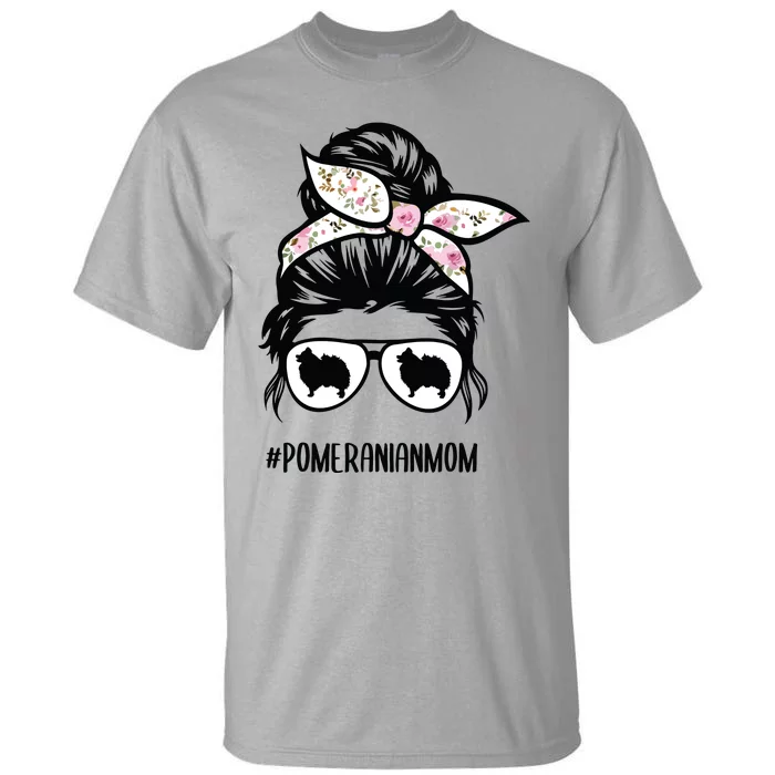 Pomeranian Dog Mom Messy Bun Hair Glasses Pom Mom Dog Tall T-Shirt