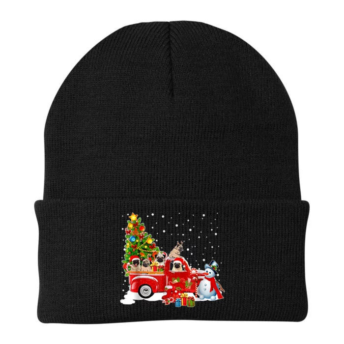 Pug Dog On Red Truck Christmas Pajama Funny Xmas Tree Knit Cap Winter Beanie