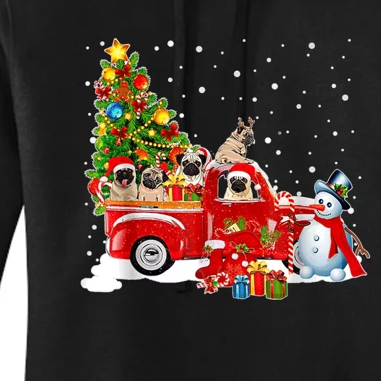 Pug Dog On Red Truck Christmas Pajama Funny Xmas Tree Women's Pullover Hoodie