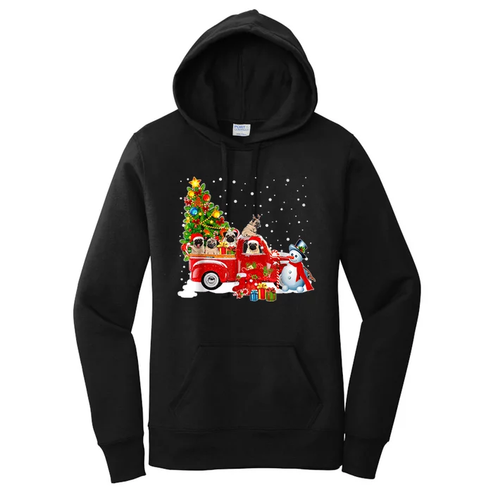 Pug Dog On Red Truck Christmas Pajama Funny Xmas Tree Women's Pullover Hoodie