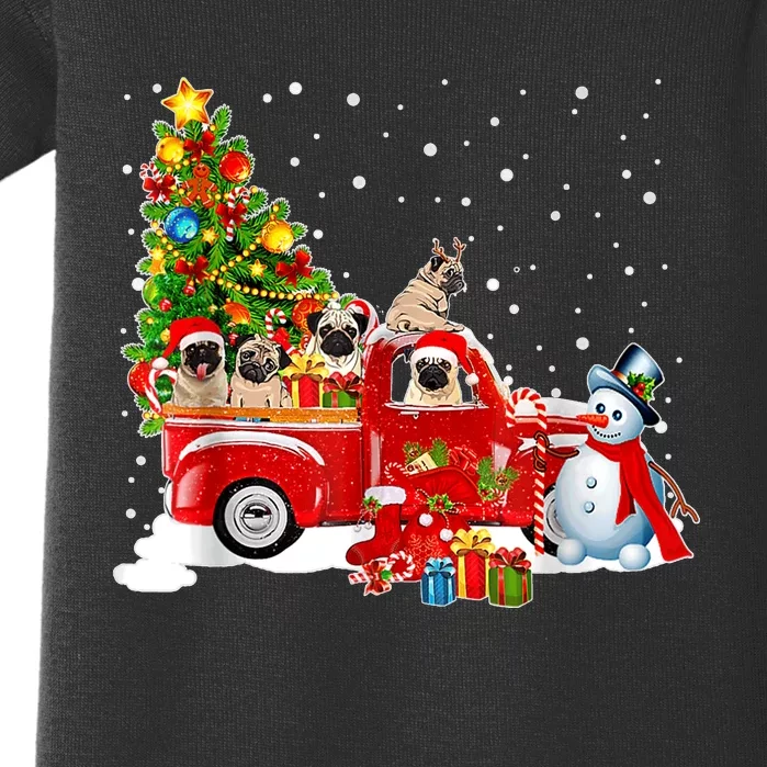 Pug Dog On Red Truck Christmas Pajama Funny Xmas Tree Baby Bodysuit