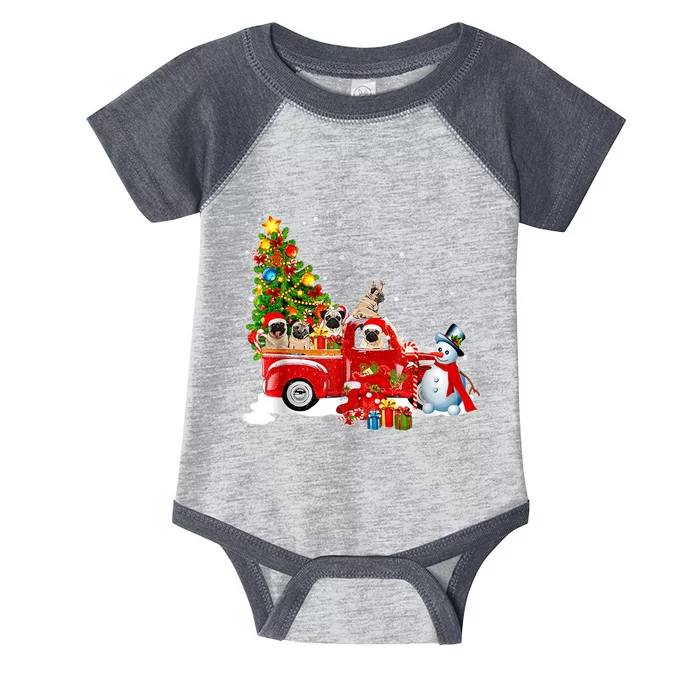 Pug Dog On Red Truck Christmas Pajama Funny Xmas Tree Infant Baby Jersey Bodysuit