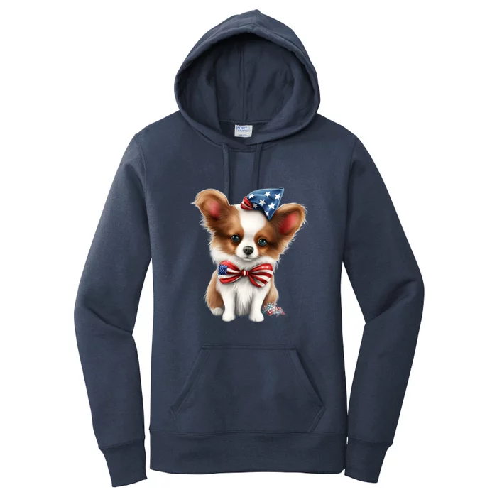 Papillon Dog Puppy USA Flag American Dogs 4th Of July Women's Pullover Hoodie