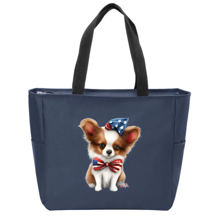 Papillon Dog Puppy USA Flag American Dogs 4th Of July Zip Tote Bag