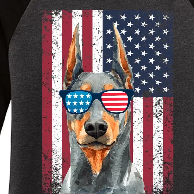 Patriotic Doberman Pinscher 4th Of July Usa American Flag Women's Tri-Blend 3/4-Sleeve Raglan Shirt