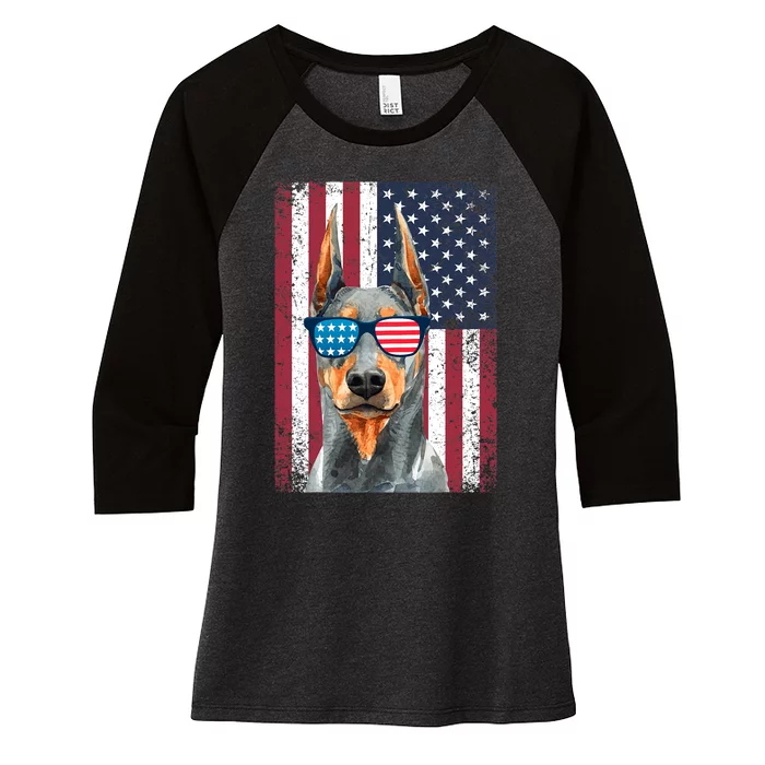 Patriotic Doberman Pinscher 4th Of July Usa American Flag Women's Tri-Blend 3/4-Sleeve Raglan Shirt