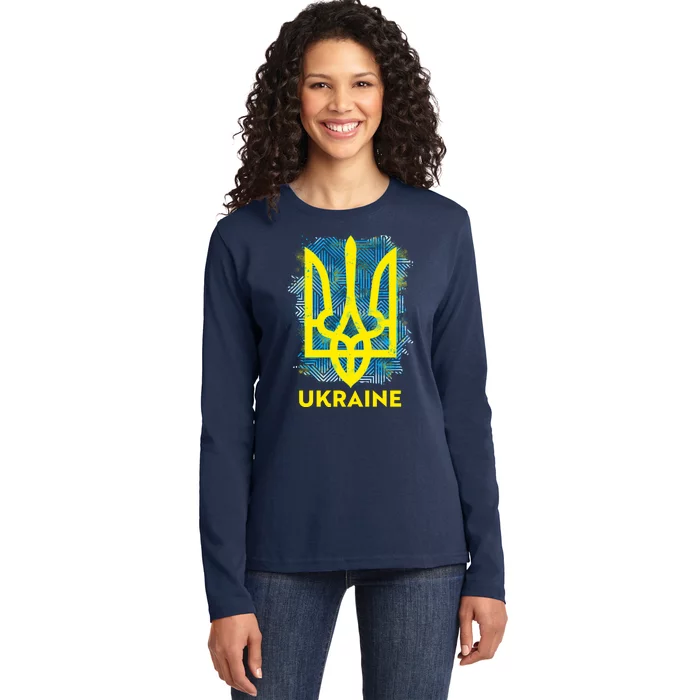 Painted Distressed Pattern Ukraine Coat Of Arms Flag Ladies Long Sleeve Shirt