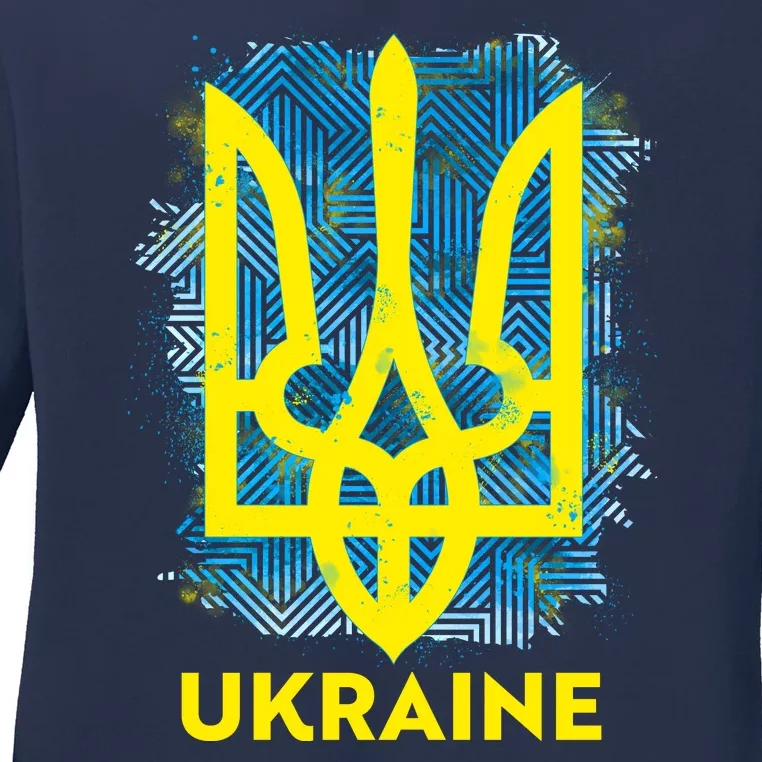 Painted Distressed Pattern Ukraine Coat Of Arms Flag Ladies Long Sleeve Shirt