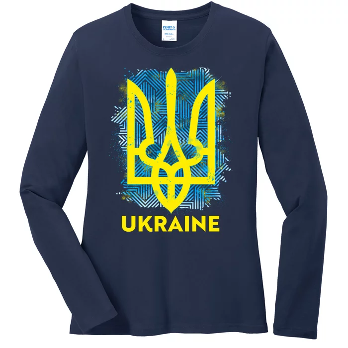 Painted Distressed Pattern Ukraine Coat Of Arms Flag Ladies Long Sleeve Shirt