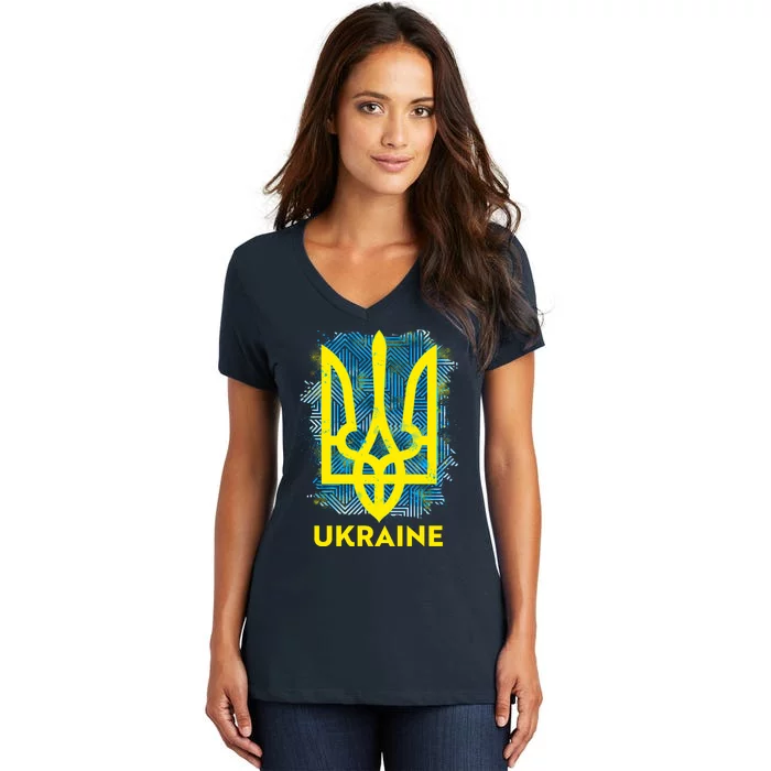 Painted Distressed Pattern Ukraine Coat Of Arms Flag Women's V-Neck T-Shirt