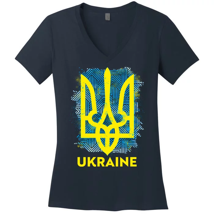 Painted Distressed Pattern Ukraine Coat Of Arms Flag Women's V-Neck T-Shirt