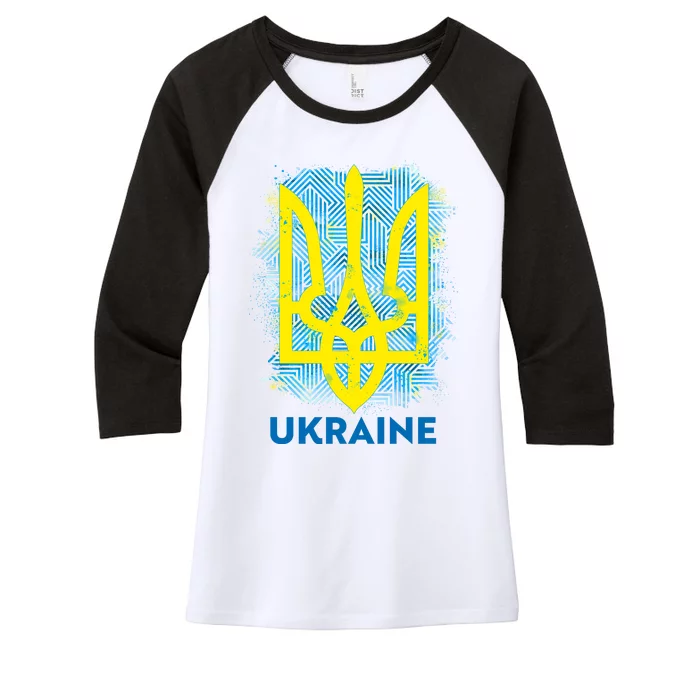 Painted Distressed Pattern Ukraine Coat Of Arms Flag Women's Tri-Blend 3/4-Sleeve Raglan Shirt