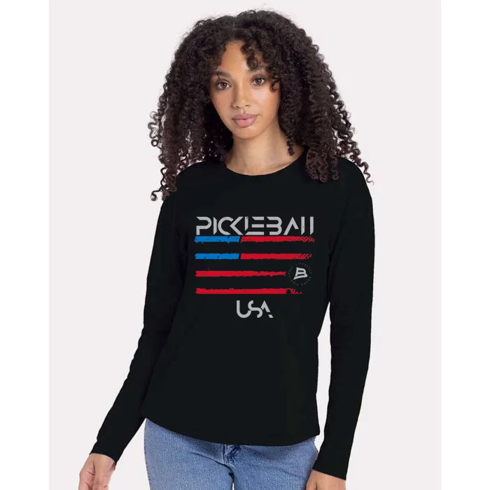 Pickleball Distressed Premium Fit USA Flag Design Premium Womens Cotton Relaxed Long Sleeve T-Shirt